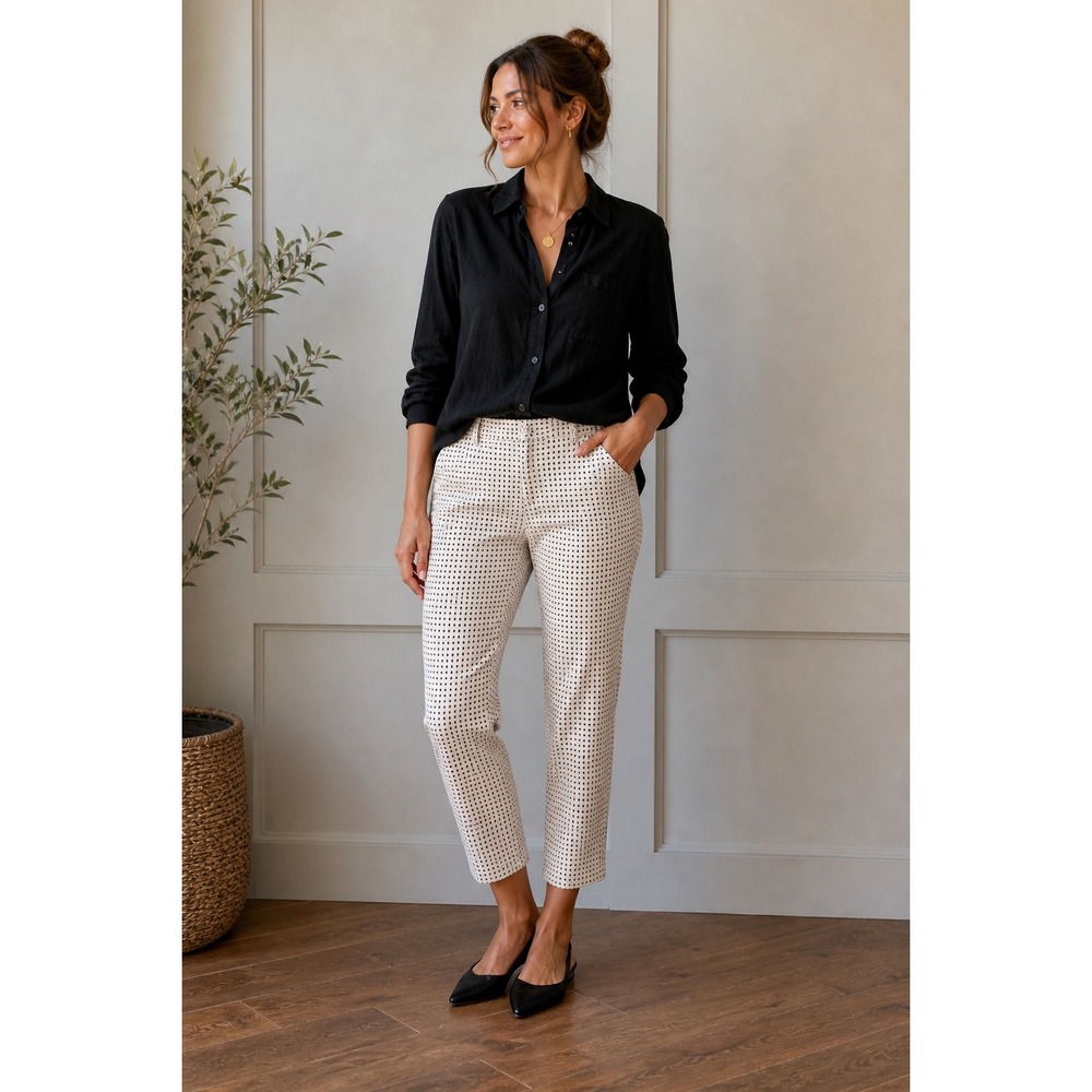 Banana Republic‎ Avery Pants Womens 10 Cream Black Polka Dot Slim Ankle Office